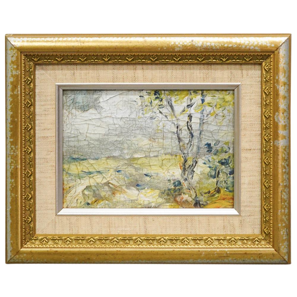 Impressionist Landscape Oil On Canvas On Board: DESCRIPTION: Oil on canvas impressionist painting depicting a landscape populated in the foreground by a tree and a shrub. Canvas has been mounted to board and mounted in a gilt wooden frame. CIRCA: 1
