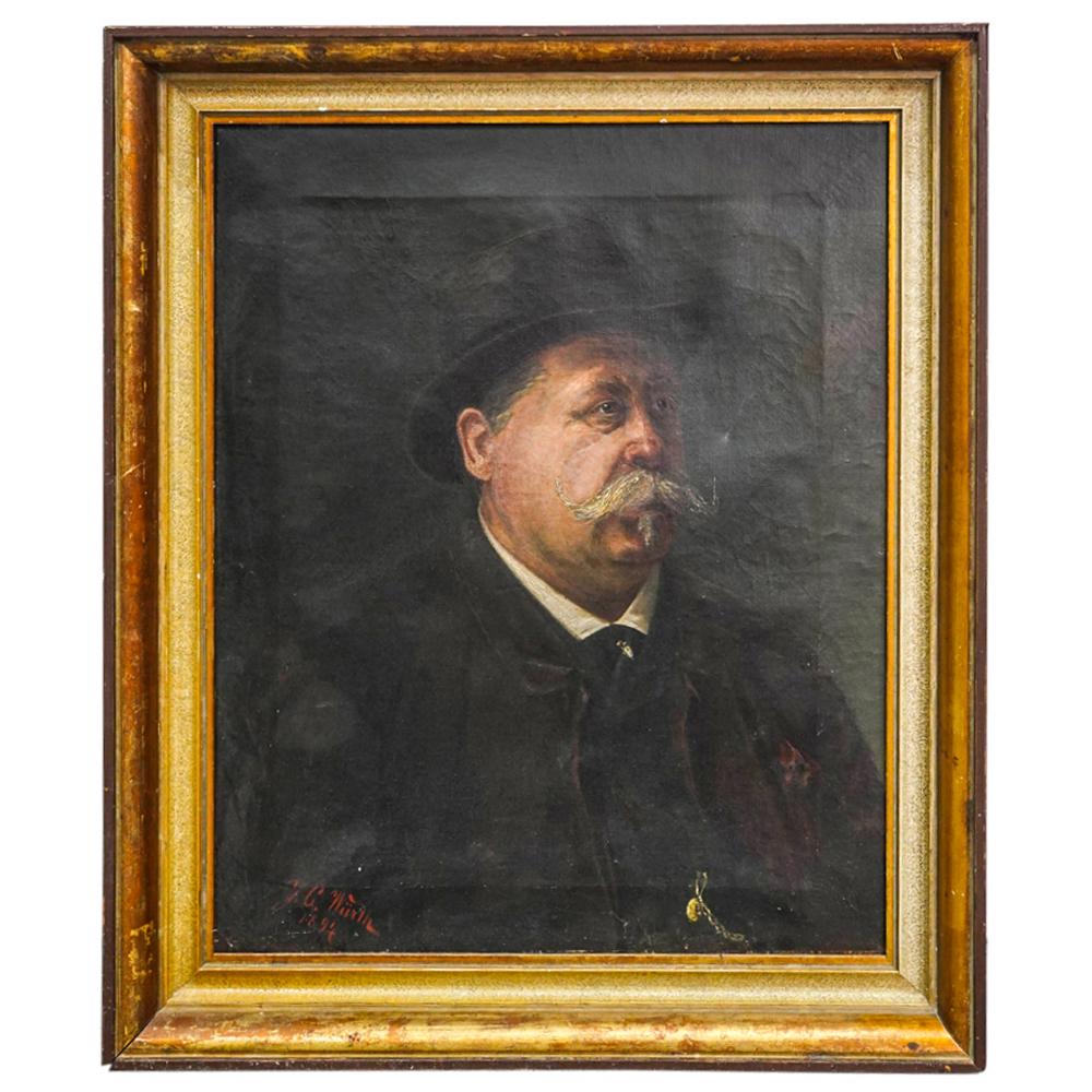 J. C. Wurth Oil On Canvas Portrait Of Gentleman: DESCRIPTION: Oil on canvas portrait by J. C. Wurth depicting a portly gentleman wearing a bowler hat. Signed and dated at bottom right. Painting is loose in stretcher. CIRCA: Late 19th Century ORIGIN: