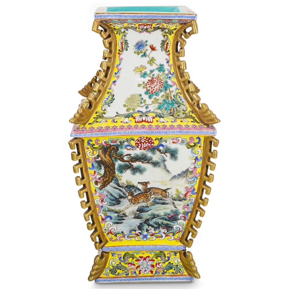 Chinese Famille Jaune Porcelain Square Vase: DESCRIPTION: Chinese famille jaune hand-embellished porcelain squared and shouldered vase with raised ribbings. Vase features nature scenes on body populated with either deer or horses; vase also feat