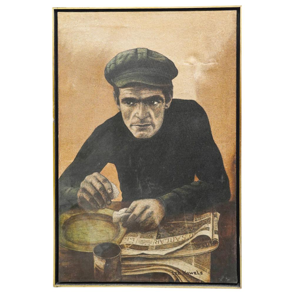 Lee Kowels (American, 20th C.) "A Day Spent" Oil On Canvas: DESCRIPTION: Oil on canvas painting entitled "A Day Spent" by Lee Kowells depicting a man seated at a table eating bread and reading a newspaper. Signed at lower right and on verso, and titled on vers
