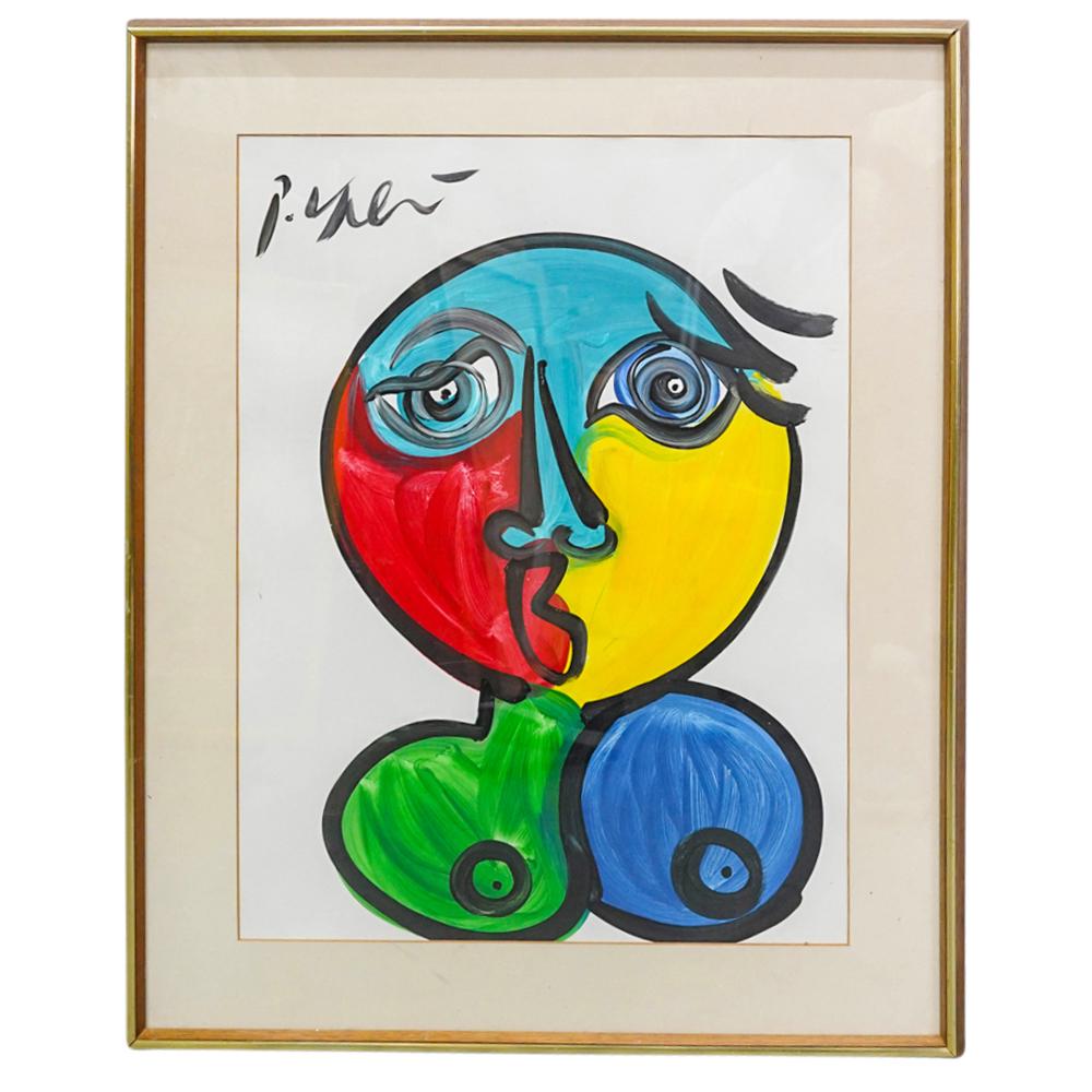 Peter Keil (Germany, 1942) Portrait Painting On Paper: DESCRIPTION: Peter Keil (Germany, 1942) original acrylic painting on paper depicting the abstracted portrait of a woman in vivid colors. Signed "P. Keil" on the top left corner. Framed. German painter