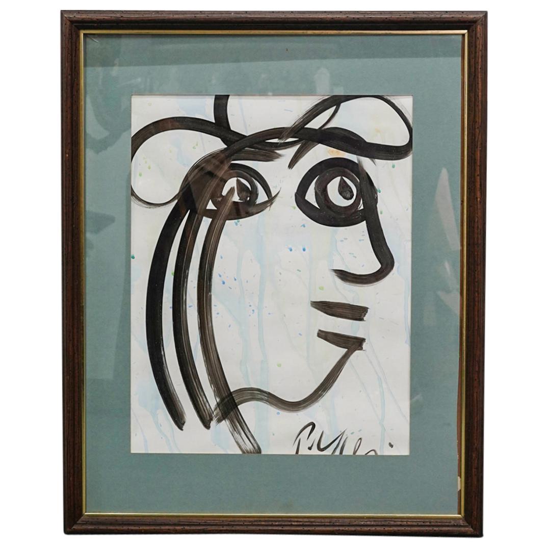 Peter Keil (Germany, 1942) Female Profile Portrait Painting On Paper: DESCRIPTION: Peter Keil (Germany, 1942) original painting on paper depicting the abstracted profile portrait of a woman, facing her left side. Signed "P. Keil" on the bottom right corner. Framed. Germ