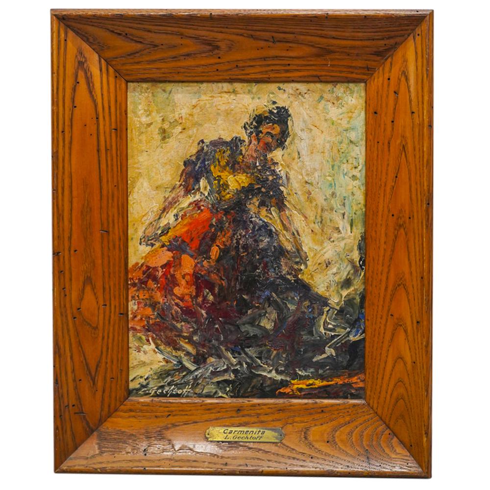 Leonid Gechtoff (1883-1941) "Carmenita" Painting: DESCRIPTION: Oil on board impressionist impasto painting entitled "Carmenita" by Leonid Gechtoff (Russian - American, 1883-1941). Painting depicts a woman wearing a dress and apparently in motion. Ins