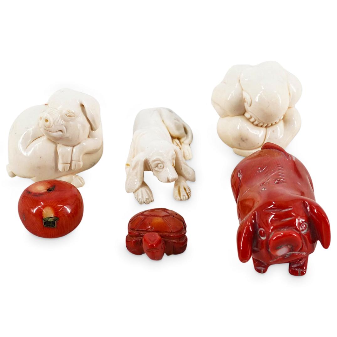 (6 Pc) Miscellaneous Carved Bone and Coral Figures: DESCRIPTION: (6 Pc) Miscellaneous assorted grouping set. Includes: (3 ) carved bone figures depicting a pig, a dog and a weeping figure, three (3) carved red carved coral figures depicting a pig, a tu