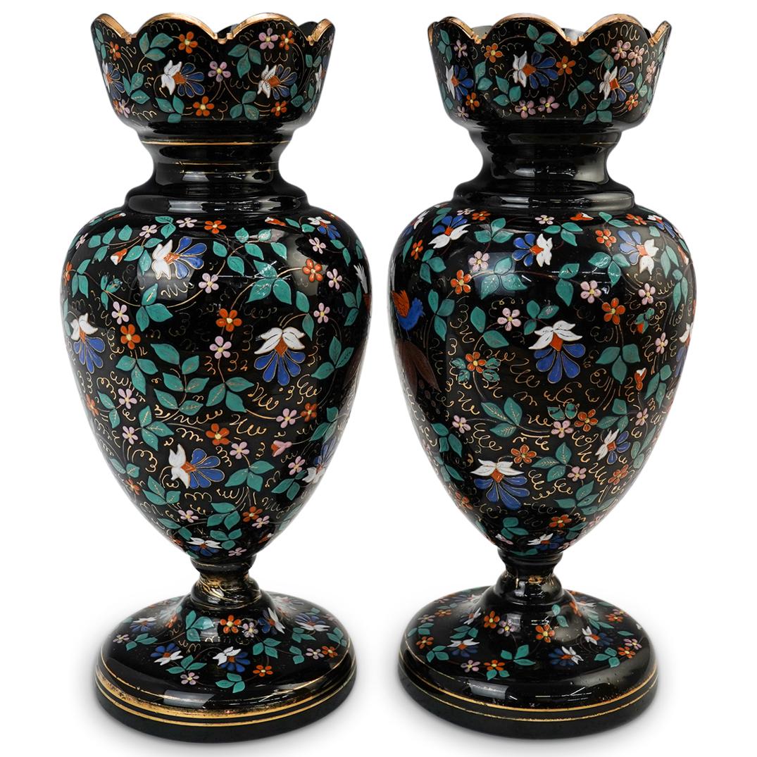 Pair of Moser Enamel Black Glass Vases (1 of 4)