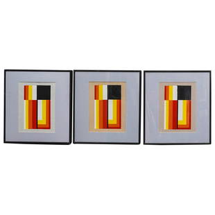 (3Pc) Manner of Agnes Martin Silkscreens on Paper Pace Gallery: DESCRIPTION: (3Pc) Manner of Agnes Martin silkscreens on vellum transparency paper, depicting geometric color blocking, mounted in black frames. Typed label at verso: "The Pace Gallery / 32 East 57th