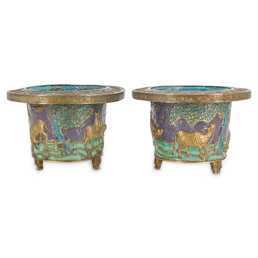 (2 Pc) Late 19th Century Chinese Enameled Gilded Copper Jardiniers (1 of 7)