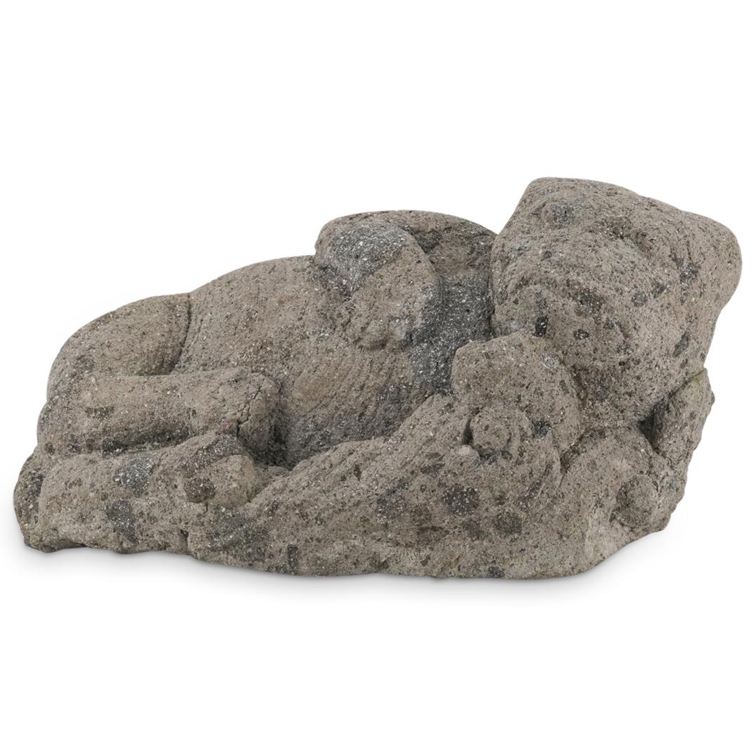 Ancient Chinese Snow Leopard Carved Stone: DESCRIPTION: An Ancient Chinese carved stone snow leopard posed lying on its side with intricate naturalistic details. CIRCA: 18th Cent. Possible Older. ORIGIN: China DIMENSIONS: H: 18" x W: 10" x L: