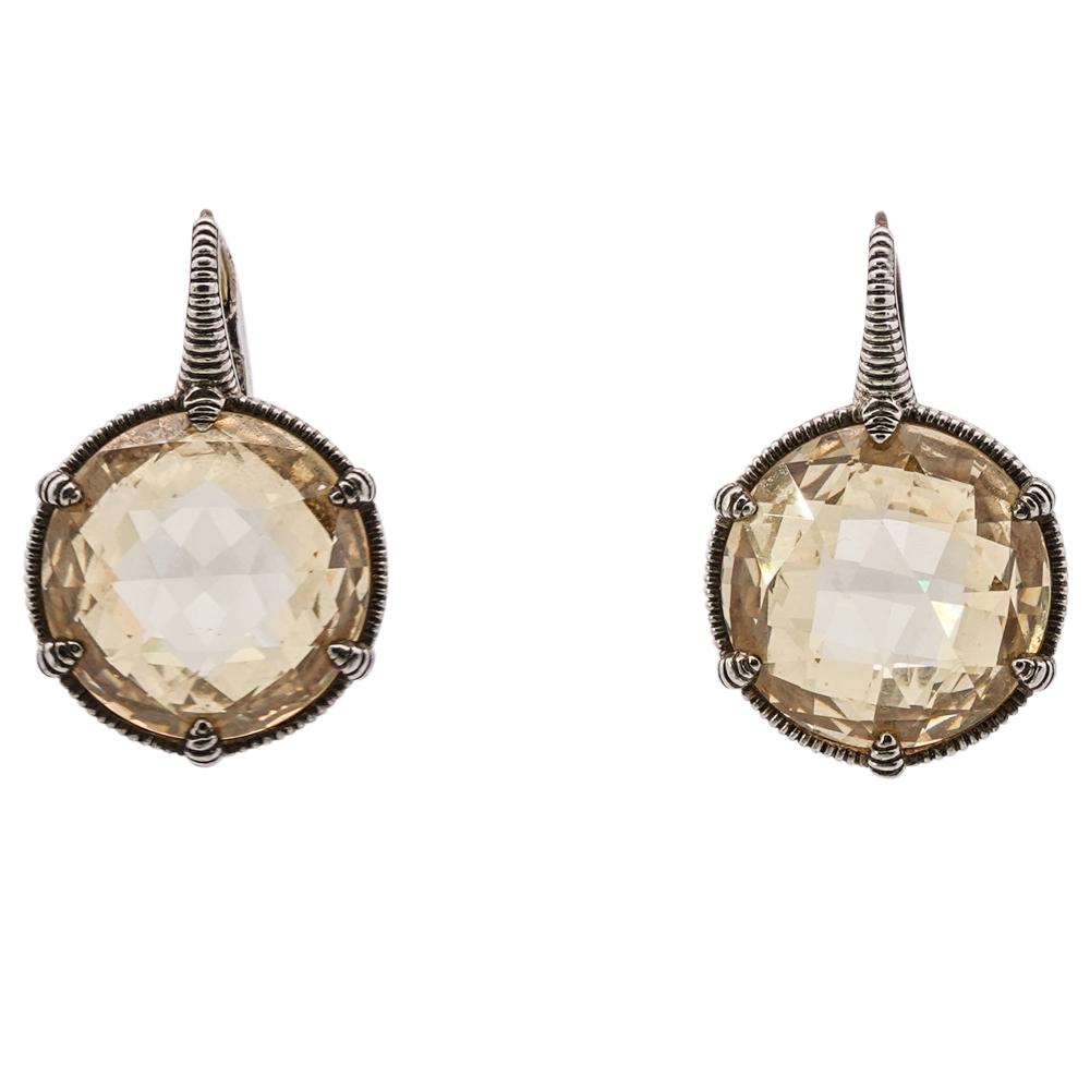 Judith Ripka 18k Gold, Sterling and Citrine Earrings: DESCRIPTION: A Pair of Judith Ripka Earrings comprised of a Sterling Silver foundation, accented with 18k yellow gold, and further center by a multifaceted citrine. Stamped along the backing "JR" "18k