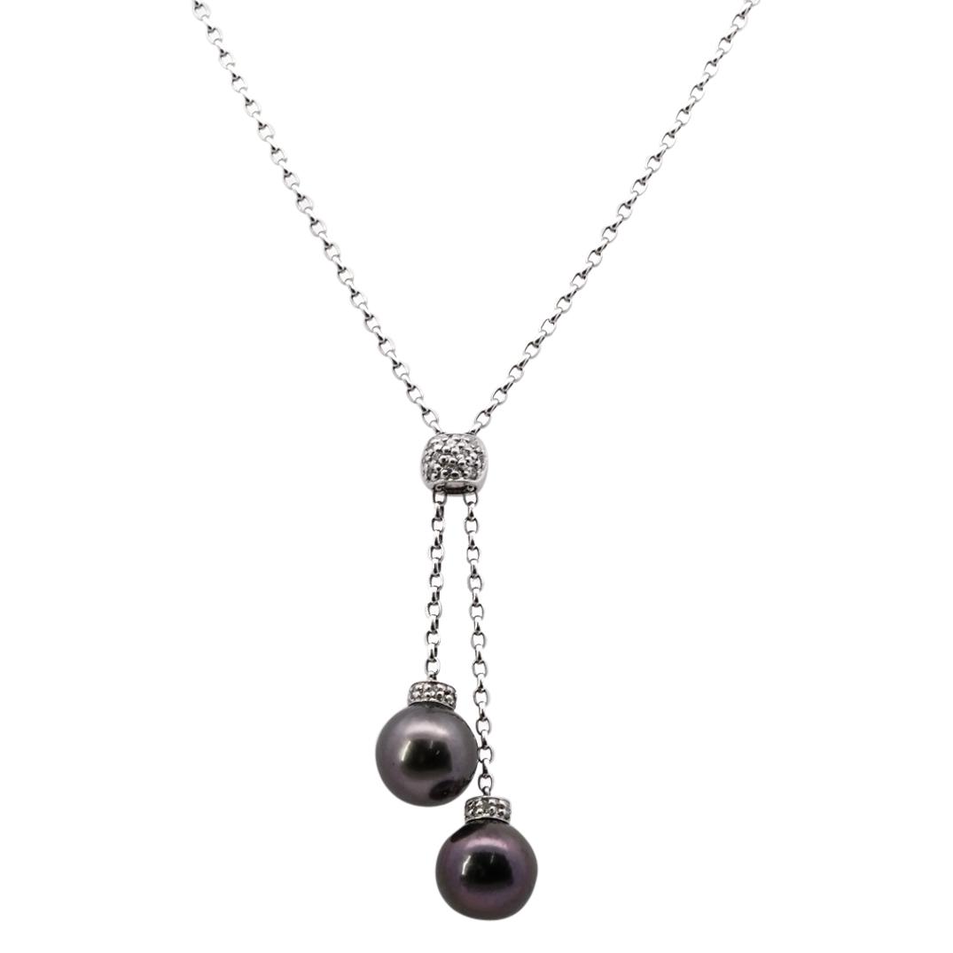 Platinum, Diamond and Tahitian Pearl Necklace: DESCRIPTION: A Platinum box link necklace, accented along the lower end with diamond inset bead and two Tahitian beaded pearls with diamond inset collars. Stamped on the back of the bead "PT 850". Tot