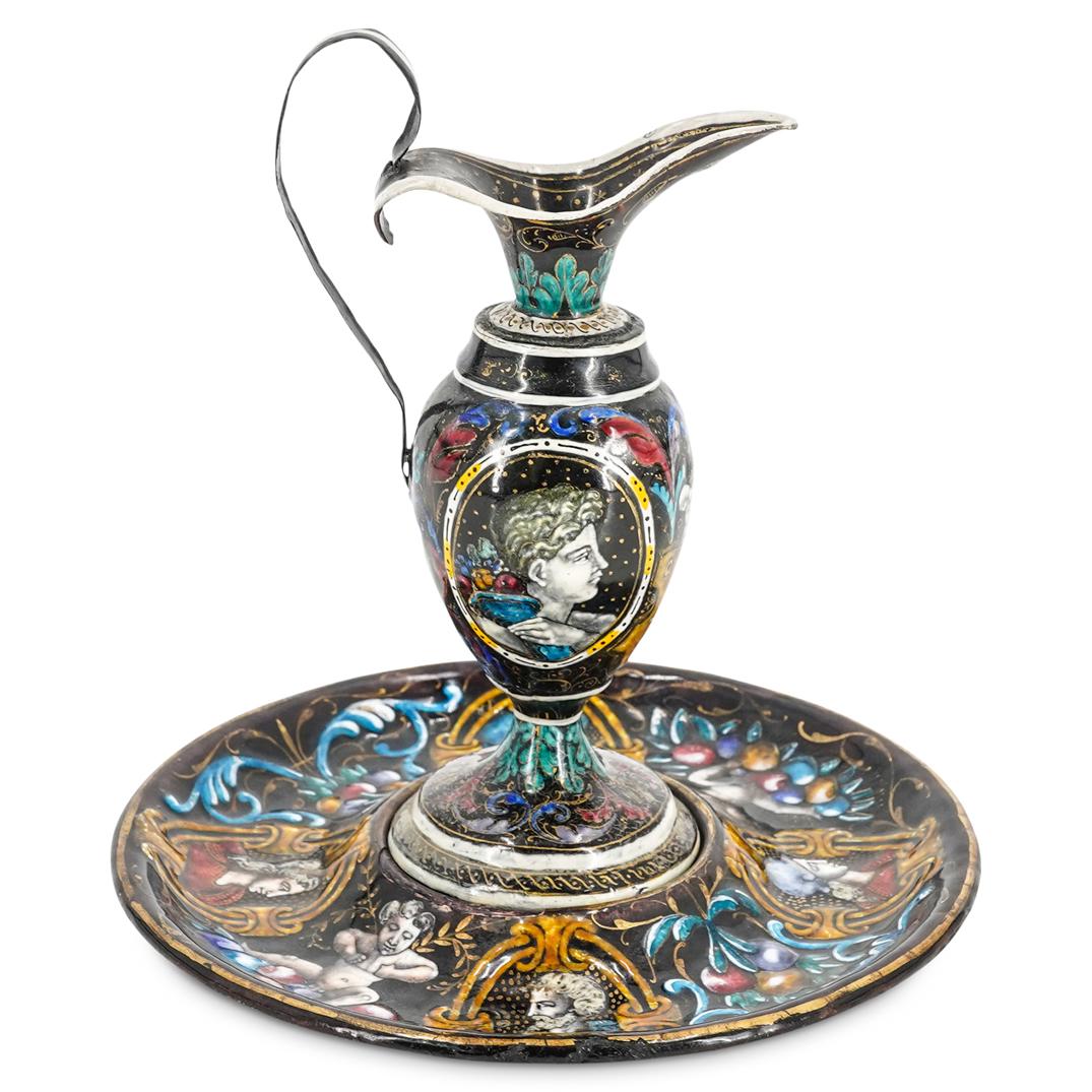 19th Century Limoges Enamel Ewer W/ Underplate (1 of 9)