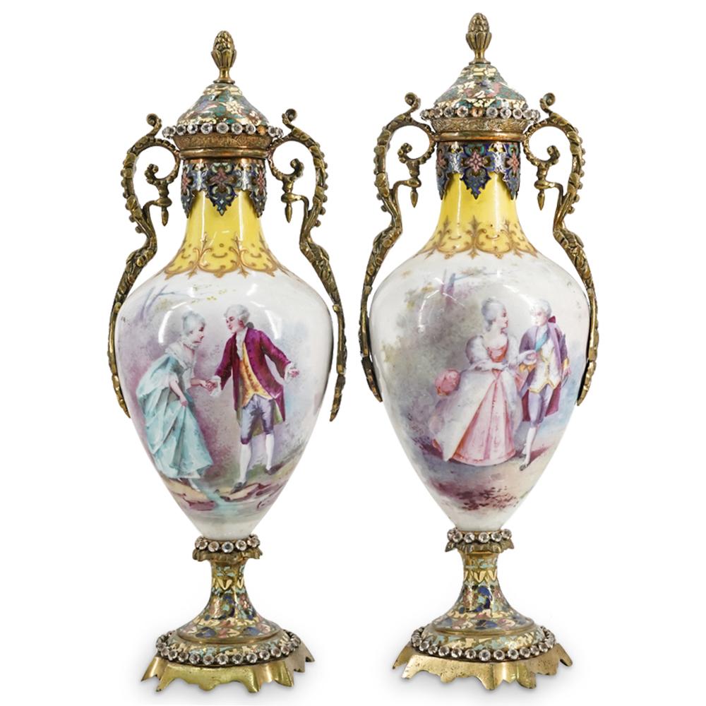 Pair Of Antique French Champleve Courting Lover Lidded Urns (1 of 15)
