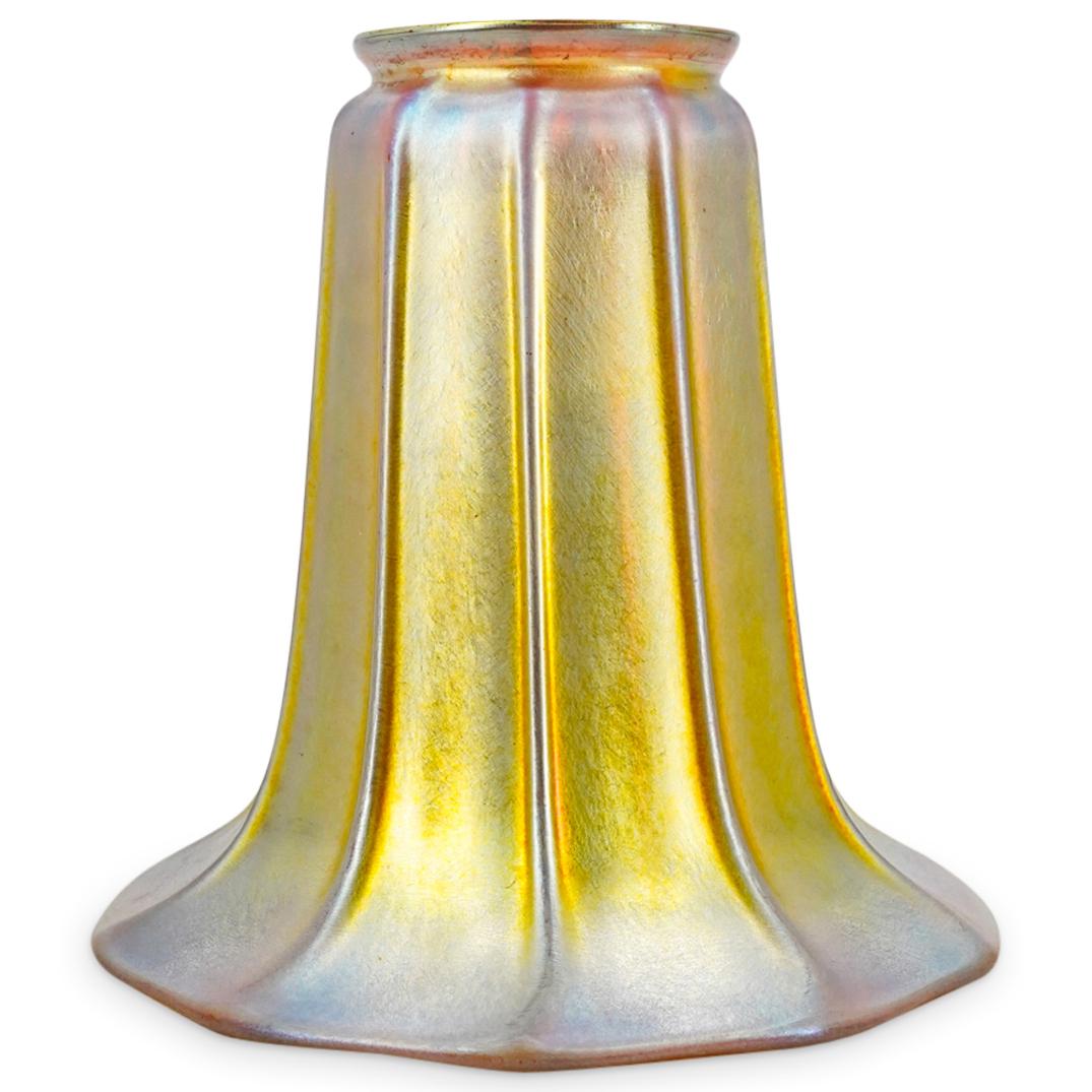 Steuben Art Nouveau Aurene Iridescent Art Glass Lampshade: DESCRIPTION: Steuben Art Nouveau Aurene iridescent art glass lampshade. Marked with "Steuben" on inside of top rim. CIRCA: Early 20th Century ORIGIN: American DIMENSIONS: H: 5.25" Diameter: 5.25" - CO