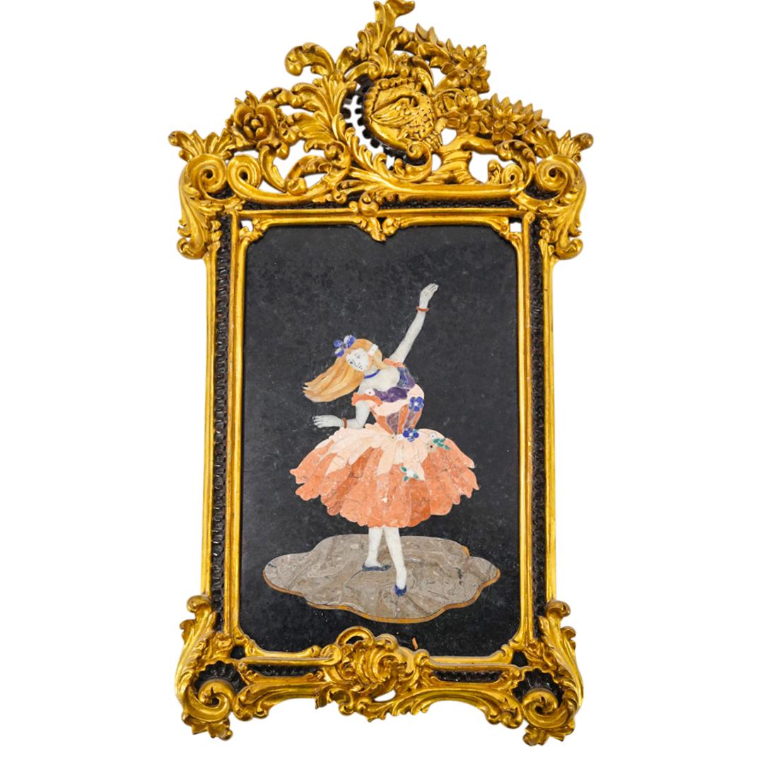 Vintage Italian Pietra Dura Ballet Dancer: DESCRIPTION: Pietra dura depicting a maiden dancing ballet while wearing a wide skirt and a ribbon. Lapis lazuli flowers adorn maiden's dress and compose her ribbon and flowers are accented with malac