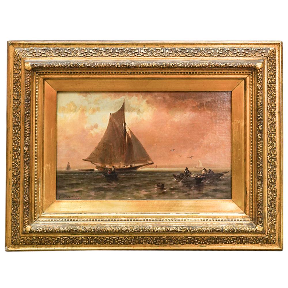 Granville Perkins (American, 1830-1895) New York Bay, Seascape Oil Painting: DESCRIPTION: Granville Perkins (American, 1830-1895) Oil on canvas painting depicting the lower Bay of New York Harbor, signed and dated (Lower Left) "Granville Perkins, 1885" and at verso: "In The Lo