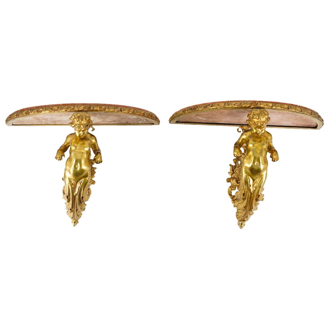 Pair Of French Gilt Bronze Marble Top Putto Wall Brackets (1 of 8)
