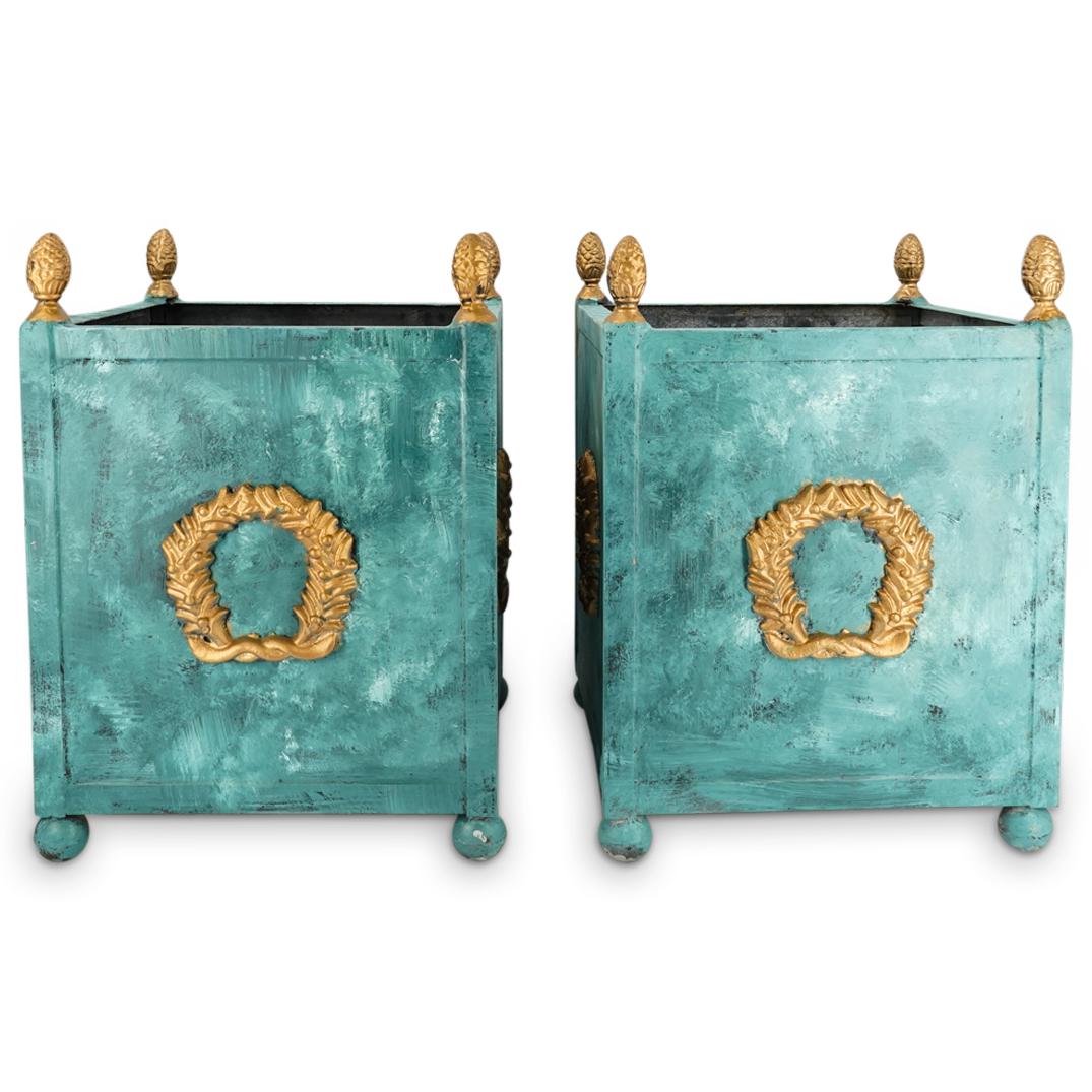 (2 Pc) Patinated Metal Square Footed Planters (1 of 8)