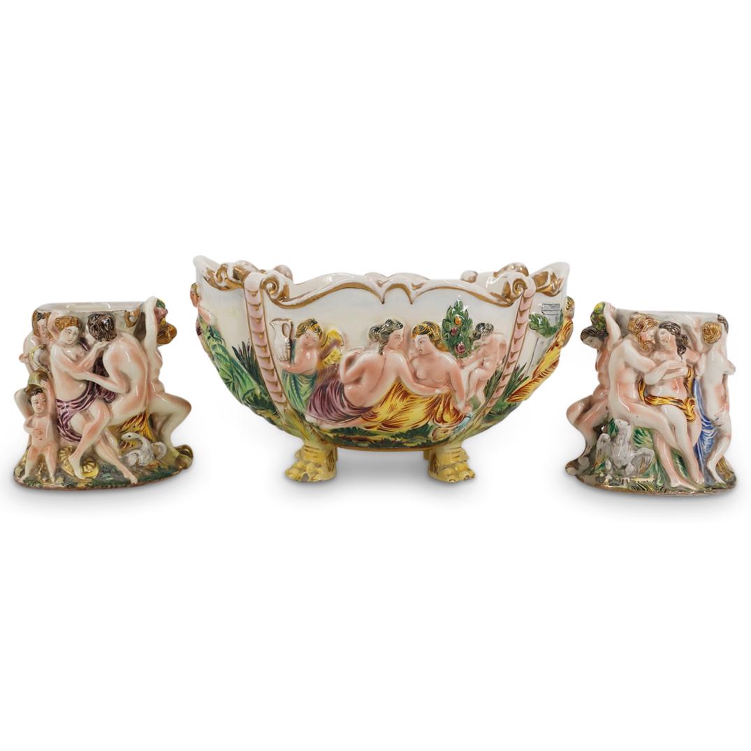 (3Pc) Capodimonte porcelain Centerpiece Bowl & Garniture Vases (1 of 10)