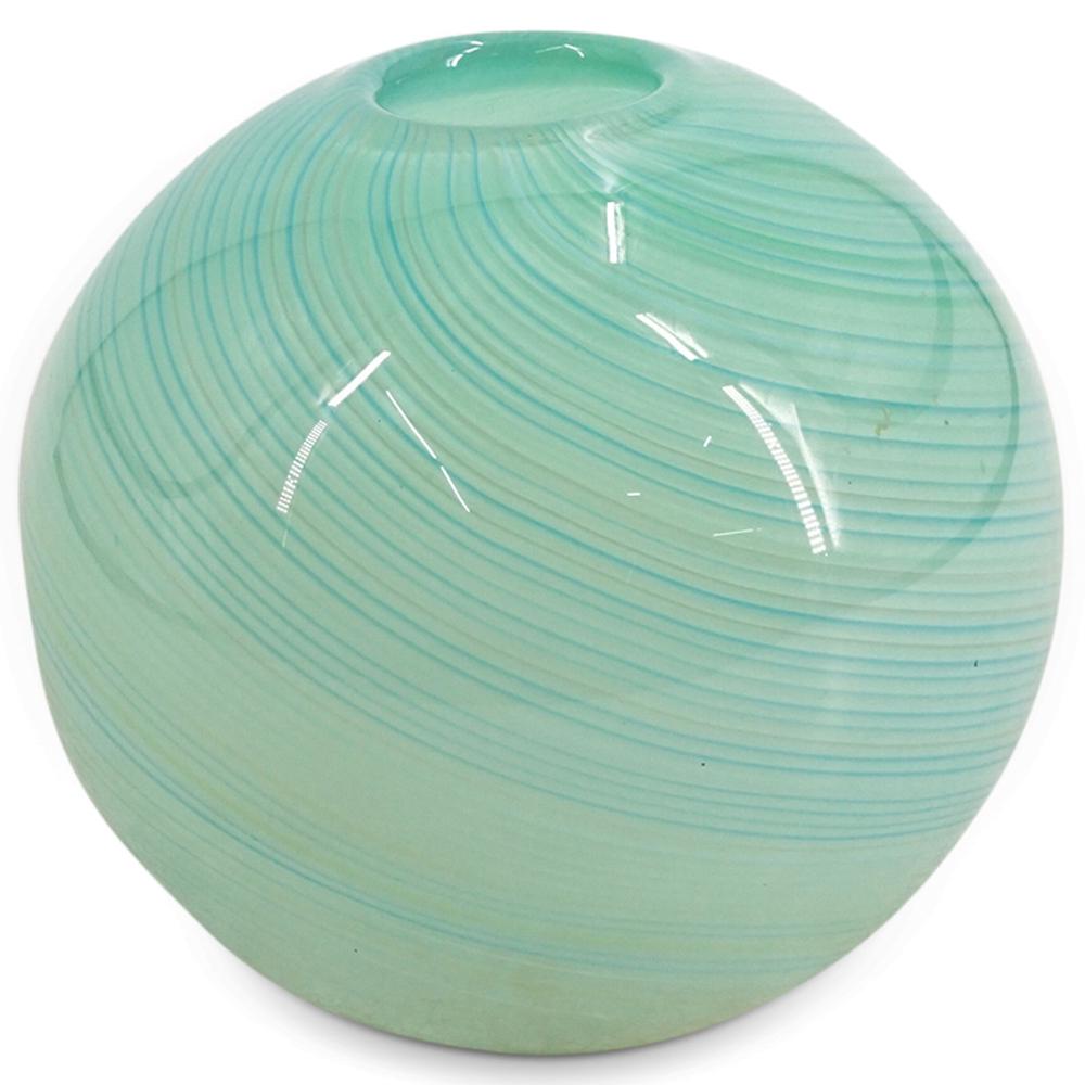 Art Glass Mezza Filigrana Spherical Bud Vase: DESCRIPTION: Art Glass spherical bud vase crafted with mezza filigrana techniques in a green hued palette with light blue accents. CIRCA: 20th Century DIMENSIONS: H: 5 1/4" W: 5 1/4" CONDITION: Good c