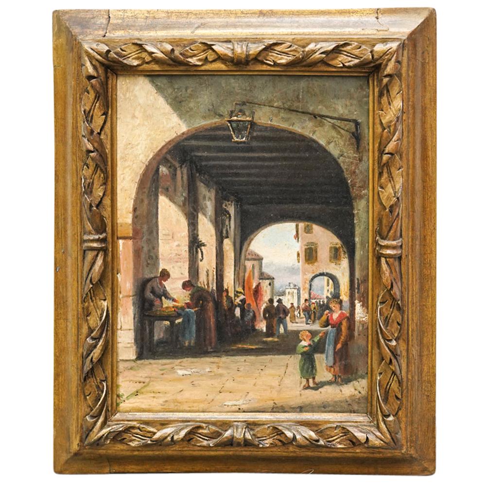 Antique Market Scene Oil Painting On Board (1 of 5)