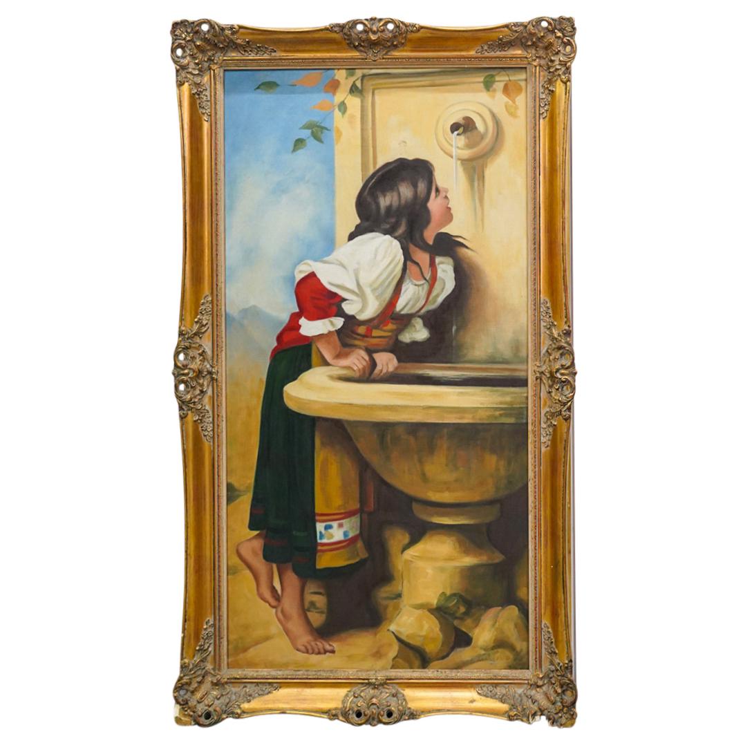 After Leon Bonnat "Roman Girl At A Fountain" Oil On Canvas (1 of 13)