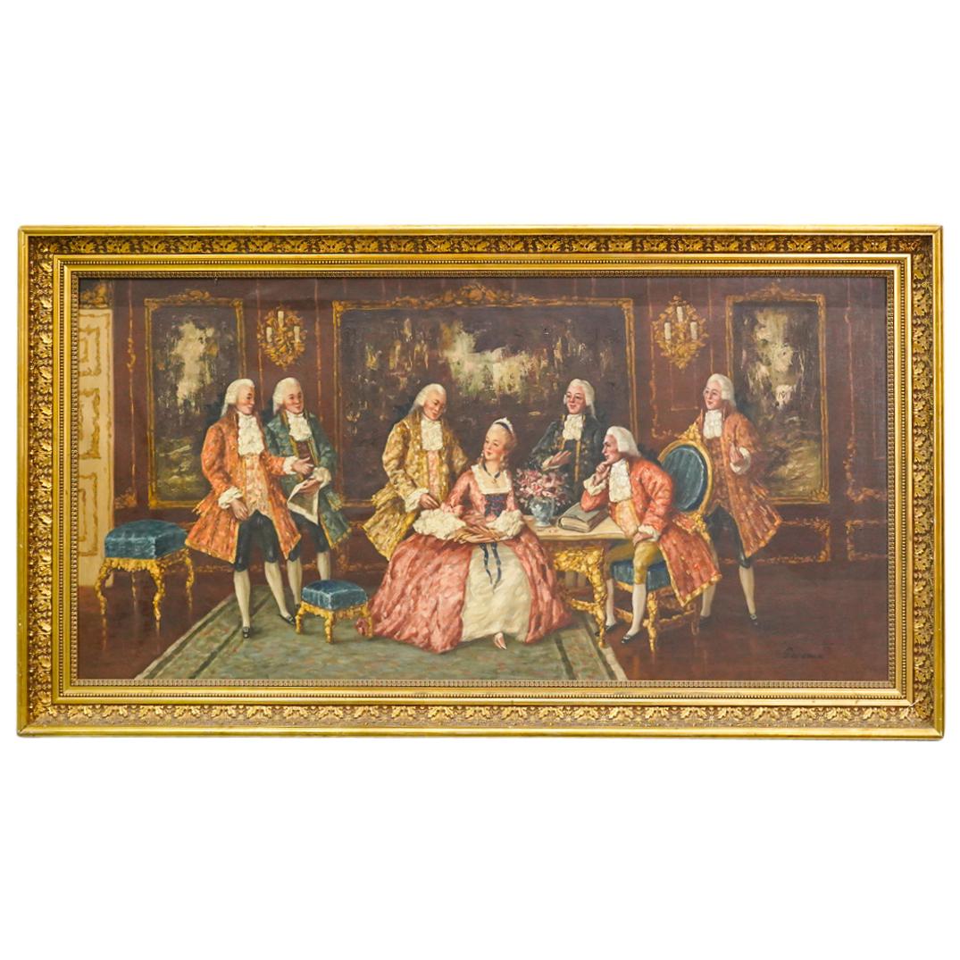 Signed Gerome French Aristocrat Meeting Oil On Canvas: DESCRIPTION: Oil on canvas painting in the style of William Hogarth depicting a scene several aristocratic men enjoying the company of a lady. Signed Gerome at lower right. Mounted in a gilt wooden fr