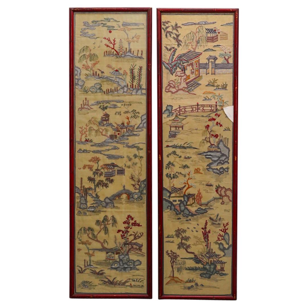 Pair Of Antique Chinese Riverside Town Silk Embroideries (1 of 19)
