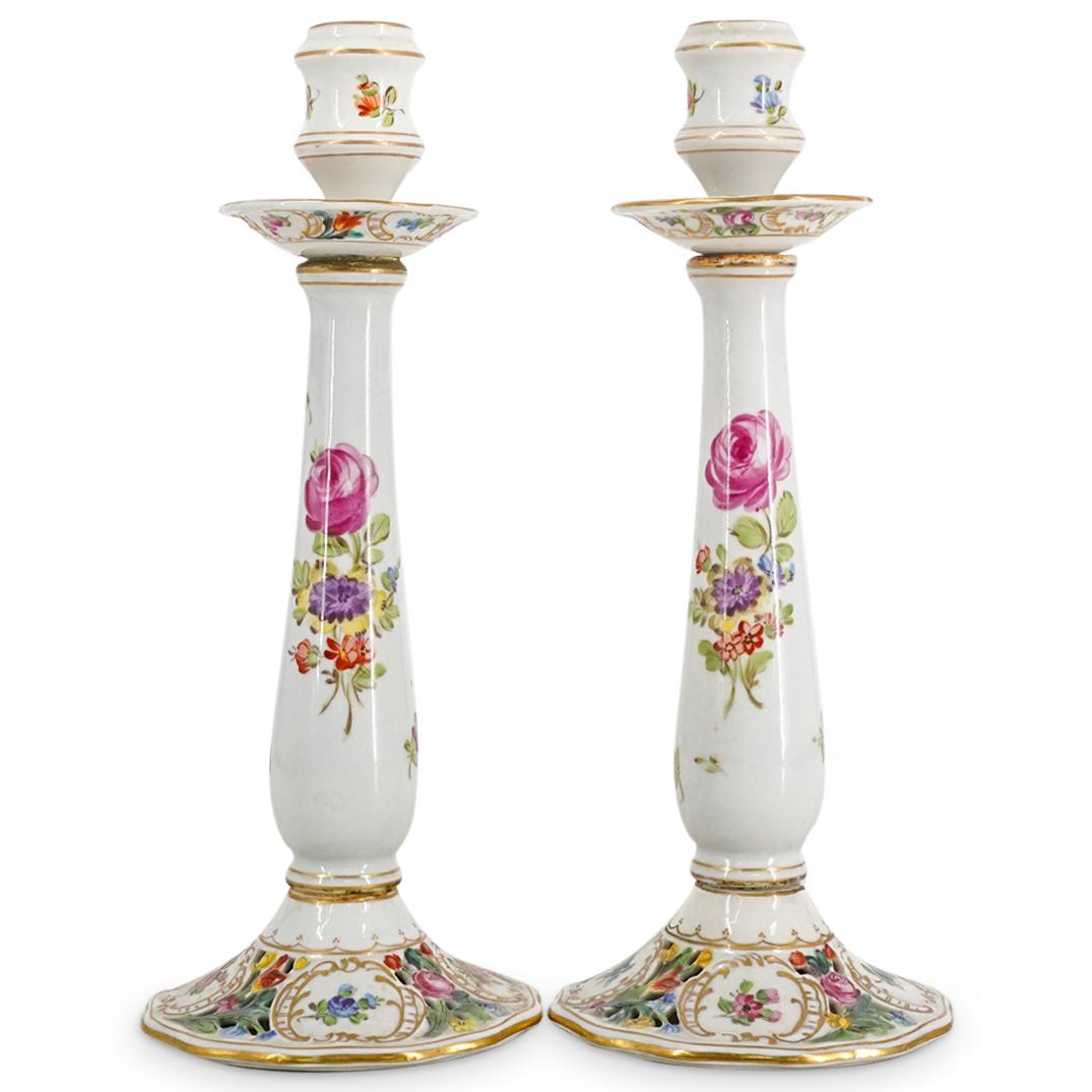 Pair Dresden Porcelain Floral Candlesticks (1 of 7)