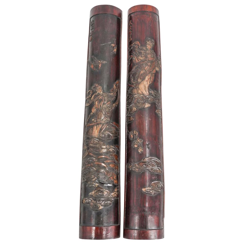 Pair Of Carved Bamboo Celestial Woman Wall Plaques (1 of 8)