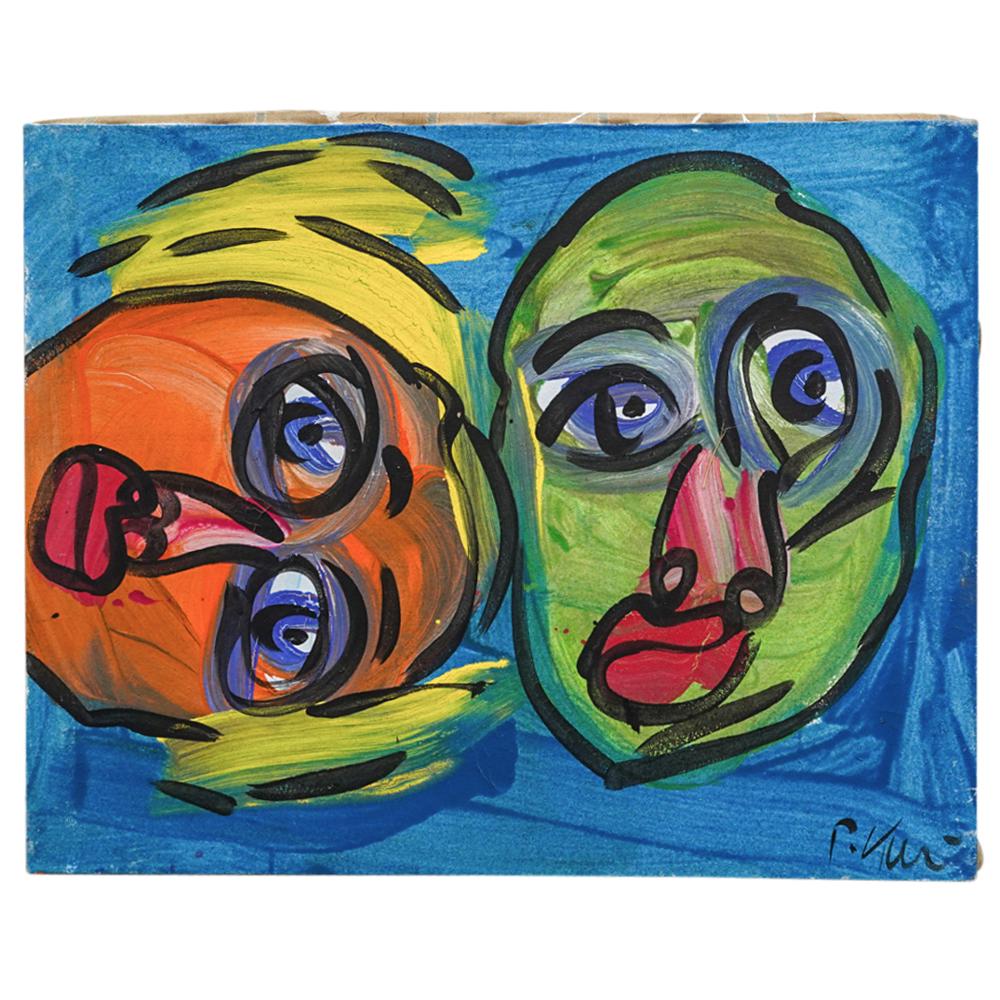 Peter Keil (Germany, 1942) Double Portrait Painting: DESCRIPTION: Peter Keil (Germany, 1942) original painting on stretched fabric depicting a pair of face portraits in vivid colors. Signed "P. Keil" on the lower right bottom corner. Unframed. German pa