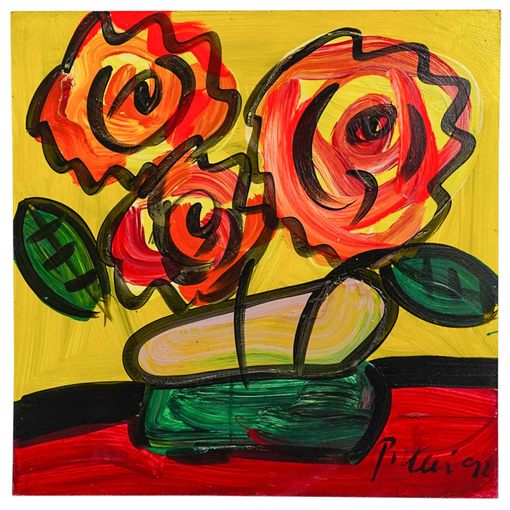 Peter Keil (Germany, 1942) Abstract Bouquet Of Flowers Painting: DESCRIPTION: Peter Keil (Germany, 1942) original painting on board depicting an abstracted bouquet of flowers on a vase, painted in vivid colors, over a yellow hued ground. Signed "P. Keil 92" on the