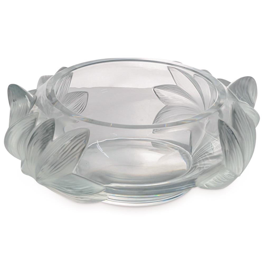 Lalique Crystal Pivoine Centerpiece Bowl: DESCRIPTION: Lalique crystal Pivoine centerpiece bowl featuring frosted floral handles in high relief on either side. Incised "Lalique France" on underside. CIRCA: 20th Century ORIGIN: France DIMENSIO