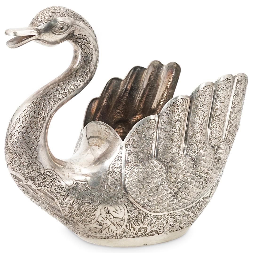 Antique Persian 840 Floral Engraved Silver Swan Bowl (1 of 10)