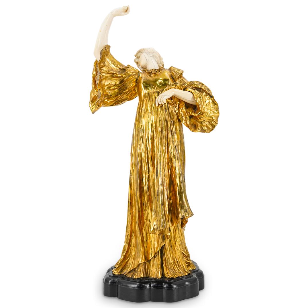Agathon Leonard (1841-1923) Bone And Bronze "Danseuse A La Marguerite": DESCRIPTION: Art Nouveau sculpture entitled "Danseuse A La Marguerite" by Agathon Leonard from the Susse Freres foundry depicting a carved bone lady wearing a gilt bronze gown crafted with detailed an