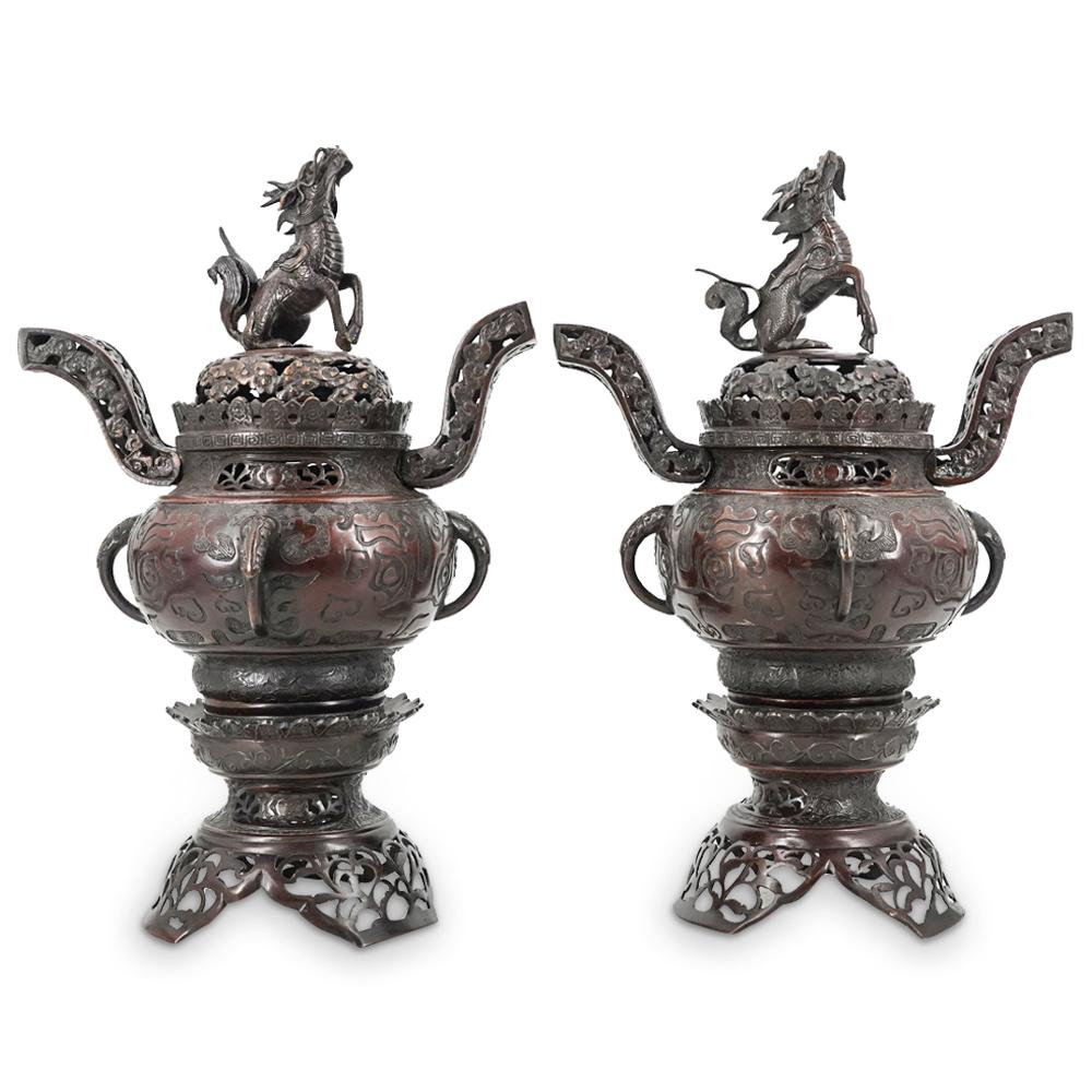 Pair Japanese Bronze Qilin Censers (1 of 9)