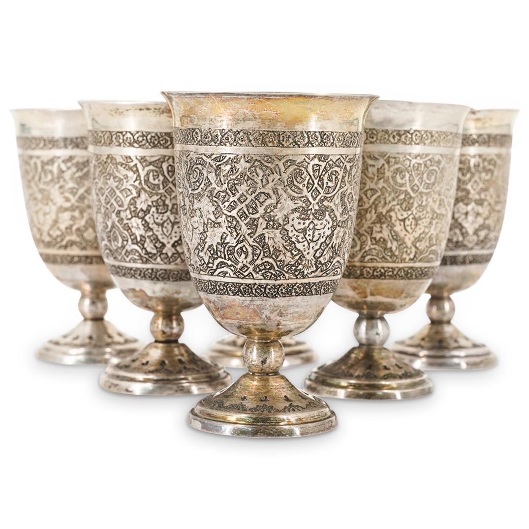 (6 Pc) Antique Persian Engraved 840 Silver Cups (1 of 7)