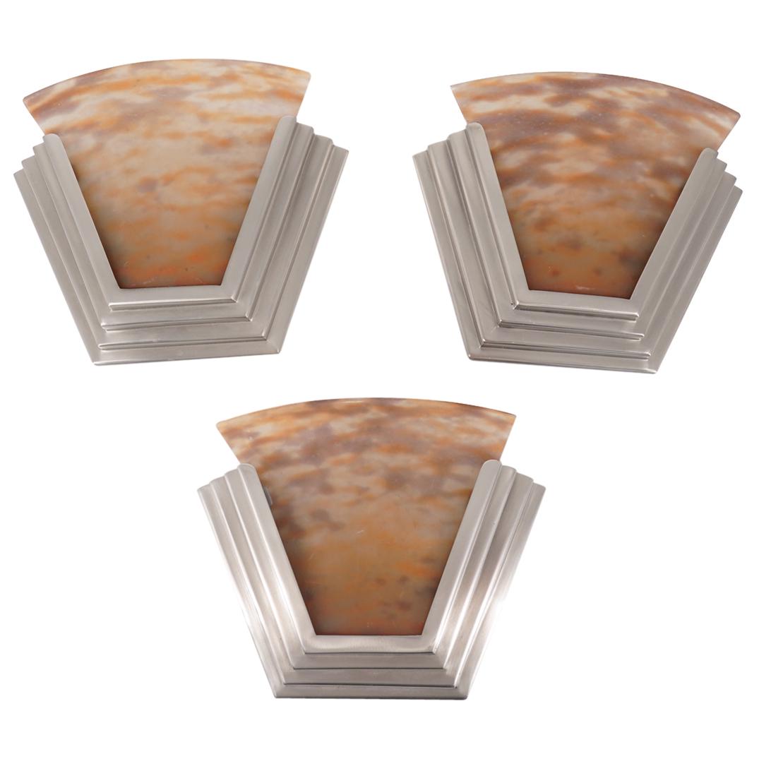 (3 Pc) Art Deco Style Metal And Art Glass Sconces (1 of 6)