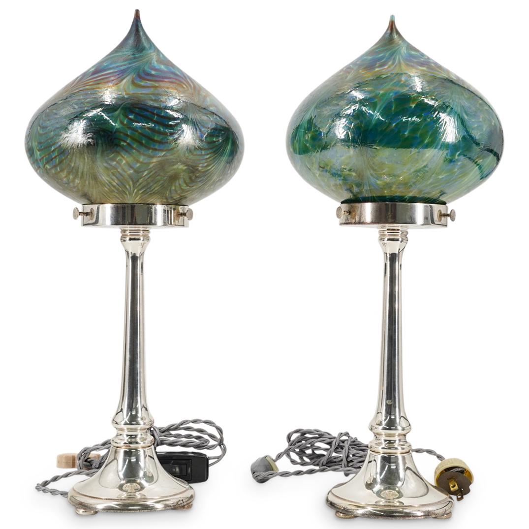Pair Of Lundberg Studios Pulled Feather Glass Shaded Lamps (1 of 6)