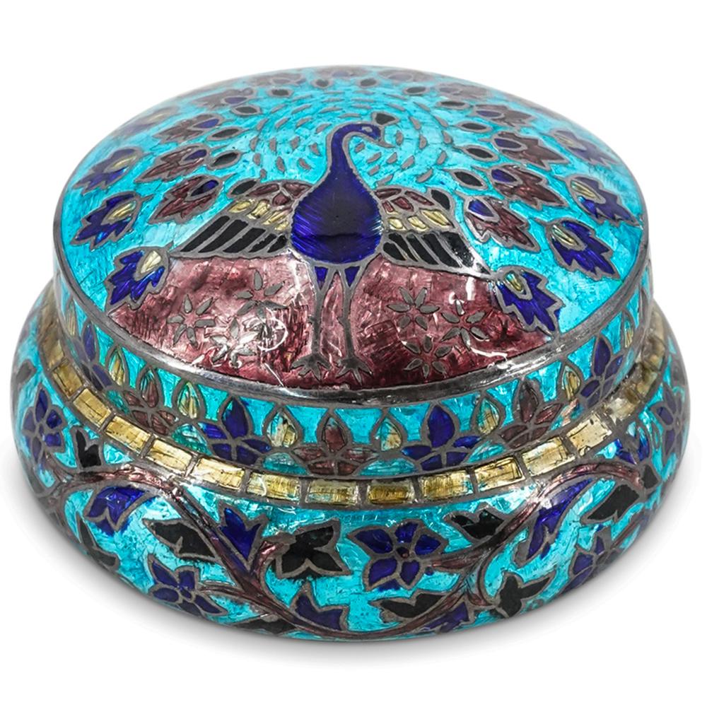 Antique Anglo-French Enameled Peacock Sterling Silver Round Box (1 of 5)