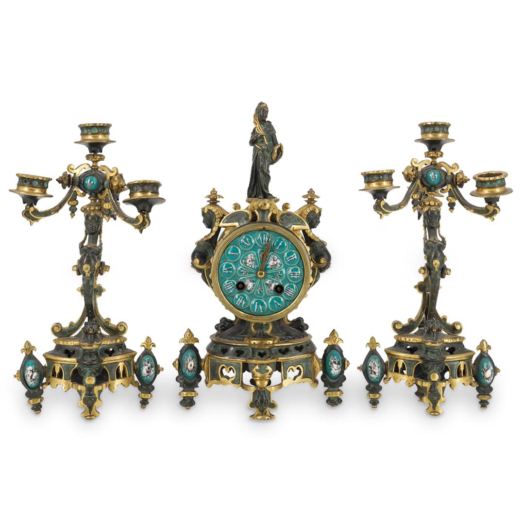 (3 Pc) Antique French Bronze Clock And Candelabra Set (1 of 12)