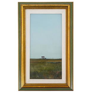 Anne Packard (Massachusetts, B. 1933) Oil Landscape Painting: DESCRIPTION: Untitled oil on panel landscape painting by Anne Packard (Massachusetts, b. 1933) depicting a distant house against an empty, pale blue sky. Vertical composition. Signed and dated at