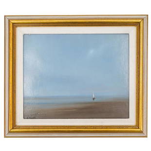 Anne Packard (Massachusetts, B. 1933) Oil Seascape Landscape: DESCRIPTION: Untitled oil on panel seascape painting by Anne Packard (Massachusetts, b. 1933) depicting a sailboat in the distance against an empty, pale blue sky. Signed at bottom left. CIRCA: Mid -