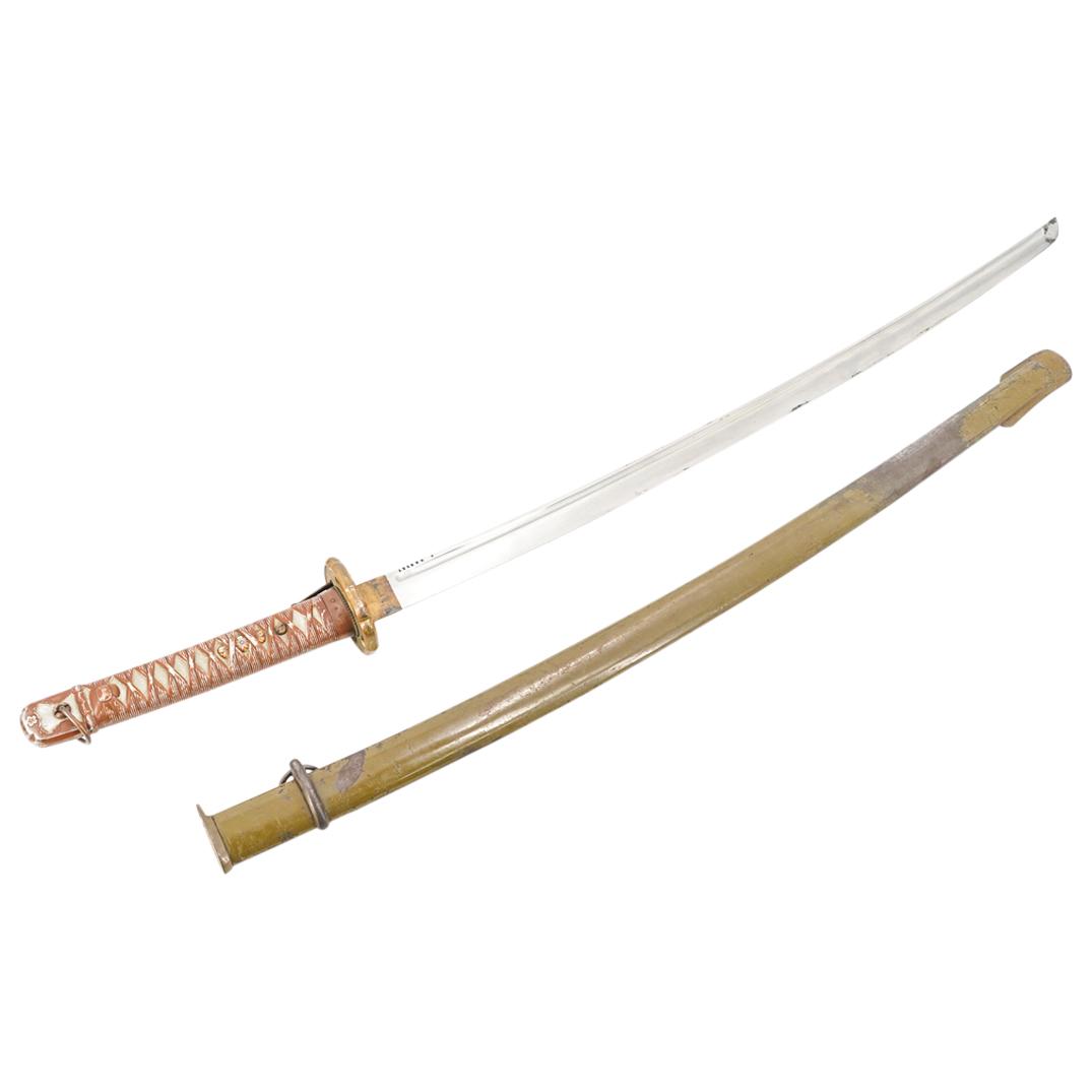 WWII Japanese NCO's Type 95 Shin Gunto Sword: DESCRIPTION: Second World War Japanese NCO Type 95 shin-gunto sword. Featuring metal hilt (tsuka) with decoration resembling traditional ito wrappings and with cherry blossom motif. Also featuring lat