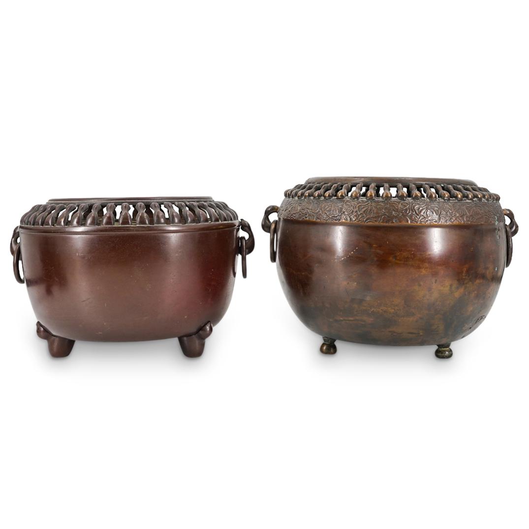 (2 Pc) Antique Japanese Reticulated Bronze Planters (1 of 20)