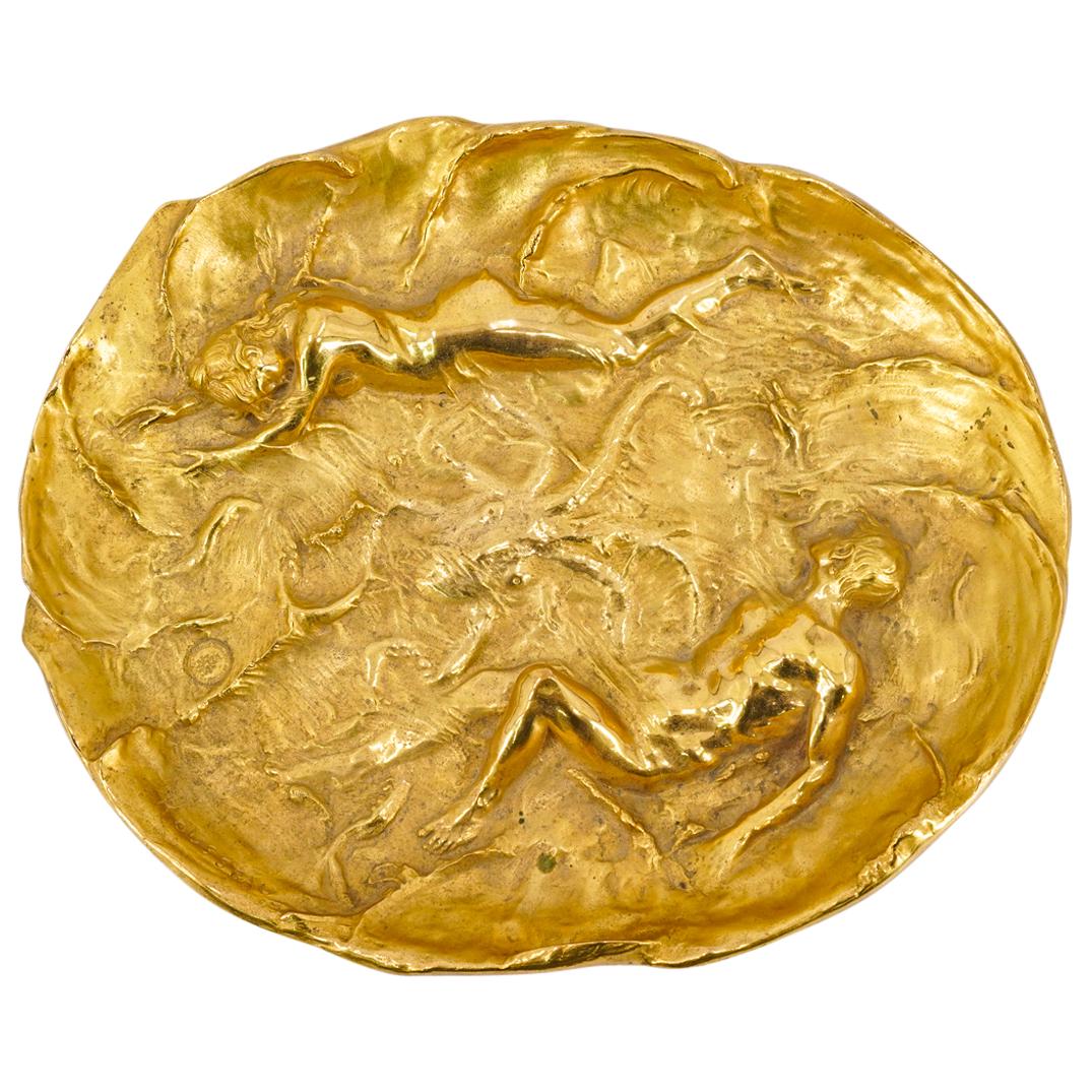 Victor Rousseau (French, 1865-1954) Erotic Gilt Bronze Tray: DESCRIPTION: Art Nouveau dore bronze tray by Victor Rousseau fashioned as an ormolu man and woman swimming nude in sea waves. Signed "Rousseau" near man's left foot and stamped with a "Bronze Garanti