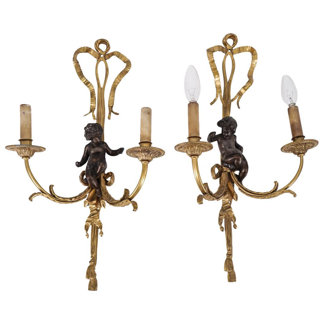 Pair Antique French Gilt Bronze Electric Sconces With Putti (1 of 6)