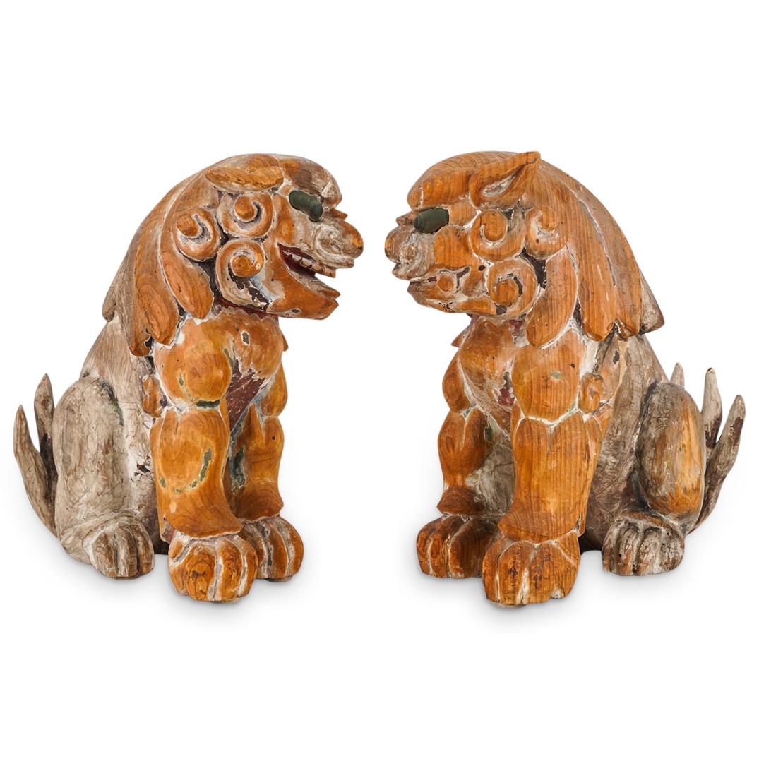 Pair Antique Japanese Wooden Shinto Lion Dogs: DESCRIPTION: Fine pair of antique Japanese hand carved wood Shinto koma inu (lion dogs) dating from the Edo period or earlier. Each lion dog features a flared tail and patinated bronze eyes. Paint rem