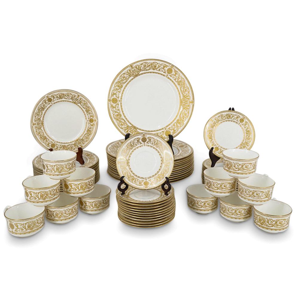(60 Pc) Royal Worcester Hyde Park Bone China Set: DESCRIPTION: Sixty piece Royal Worcester bone china set in the Hyde Park pattern featuring a gilt pattern of flowers, foliage, and urns. Each piece is hallmarked on underside. Dimensions are as follow