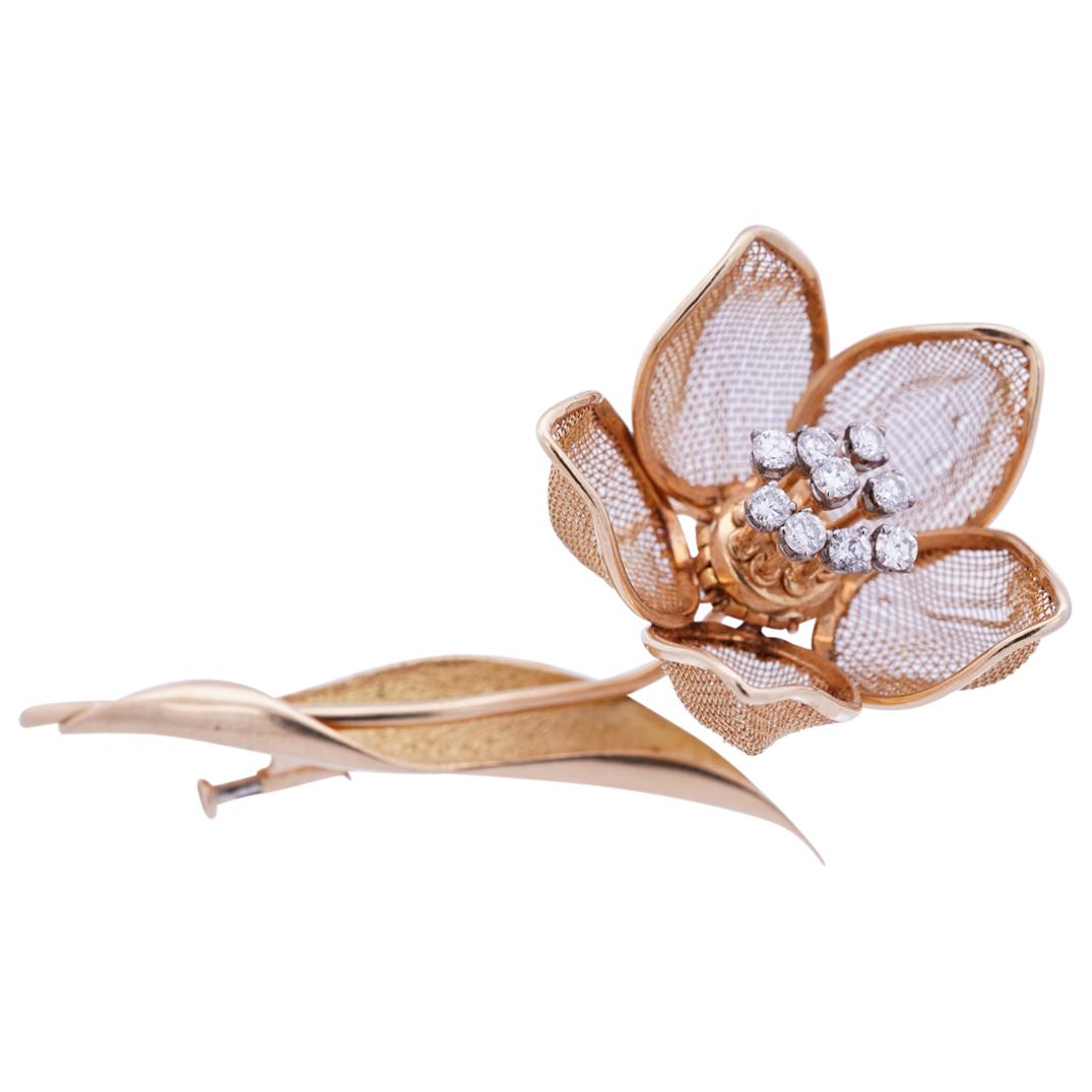 French 18k Gold and Diamond Mechanical Floral Brooch (1 of 7)