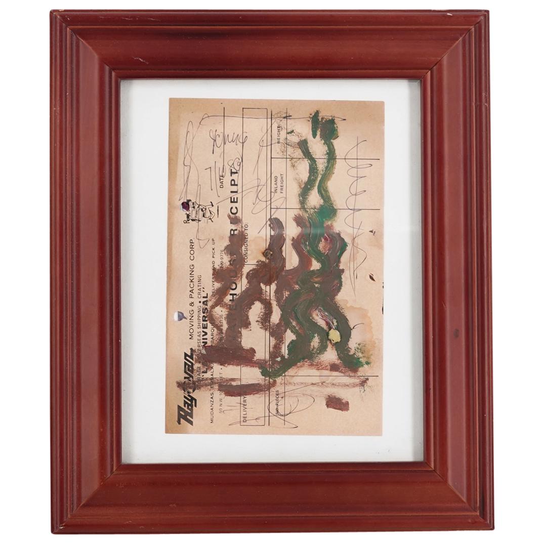 Purvis Young (1943-2010) Mixed Media Painting on Receipt: DESCRIPTION: Purvis Young (1943-2010) mixed media painting on a receipt in his signature style composed of green and brown. Signed lower left "Young 89". Mounted in red toned wood frame with white mat